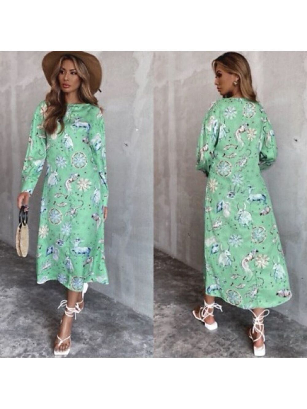 Zara Zodiac print satin midi maxi dress in mint green Sz XS NWT long sleeve